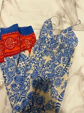 Zara Blue and White Floral Paisley Maxi Dress with Red Border